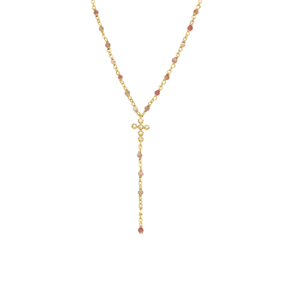 Collier argent doré cravate croix et pierres quartz rose fraise