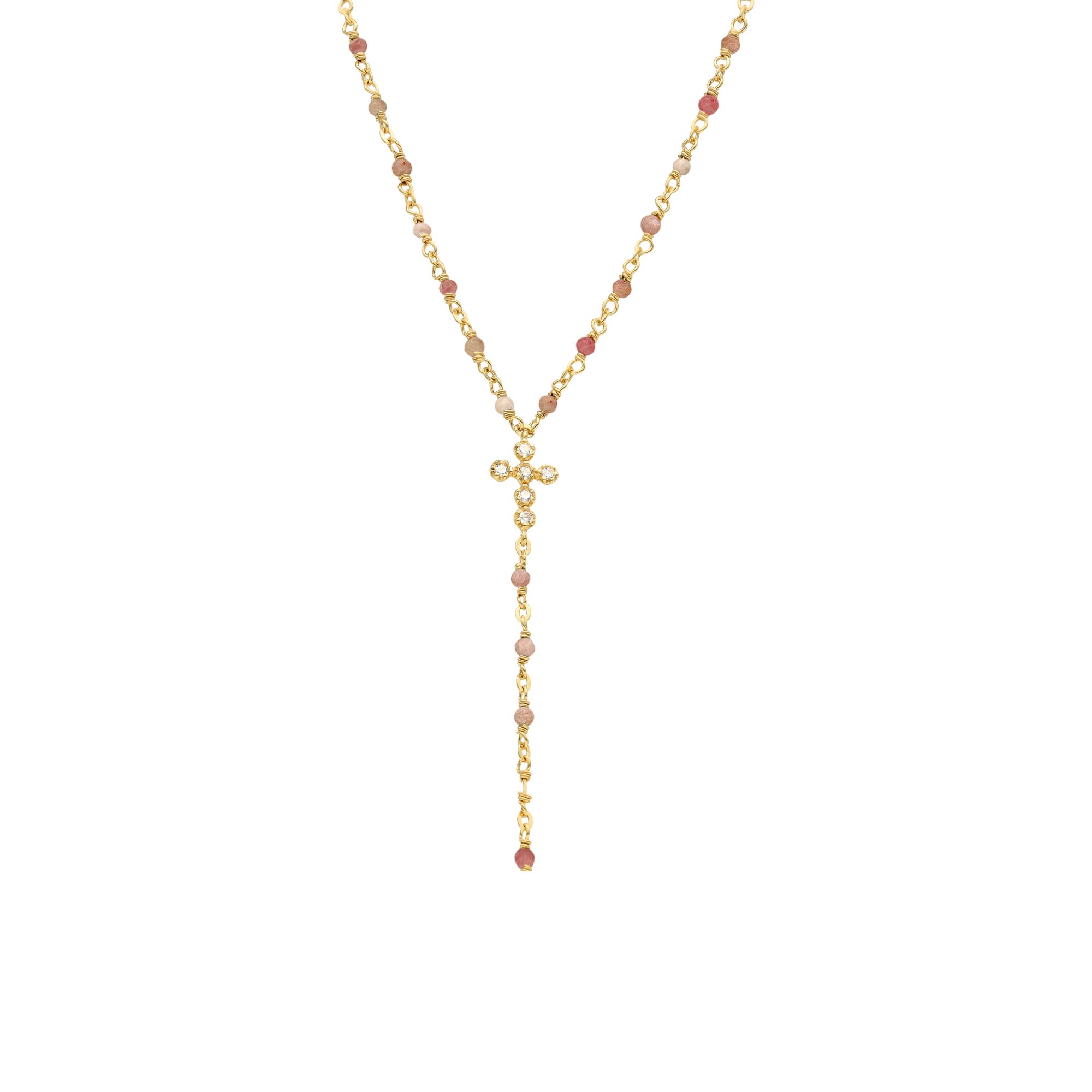 Collier argent doré cravate croix et pierres quartz rose fraise