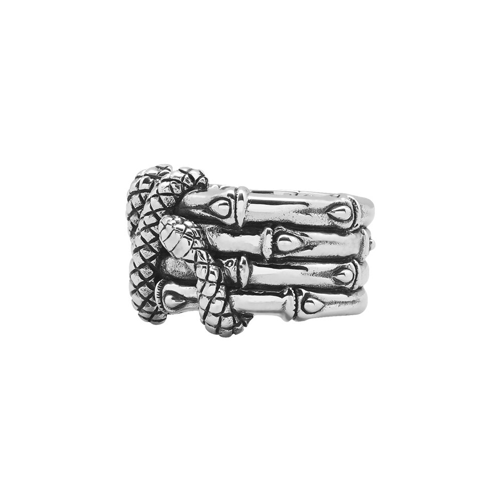 Alternative view of Bague anneau bambou pour homme en argent avec serpent entrelacé
