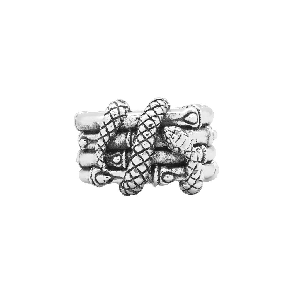 Bague anneau bambou pour homme en argent avec serpent entrelacé