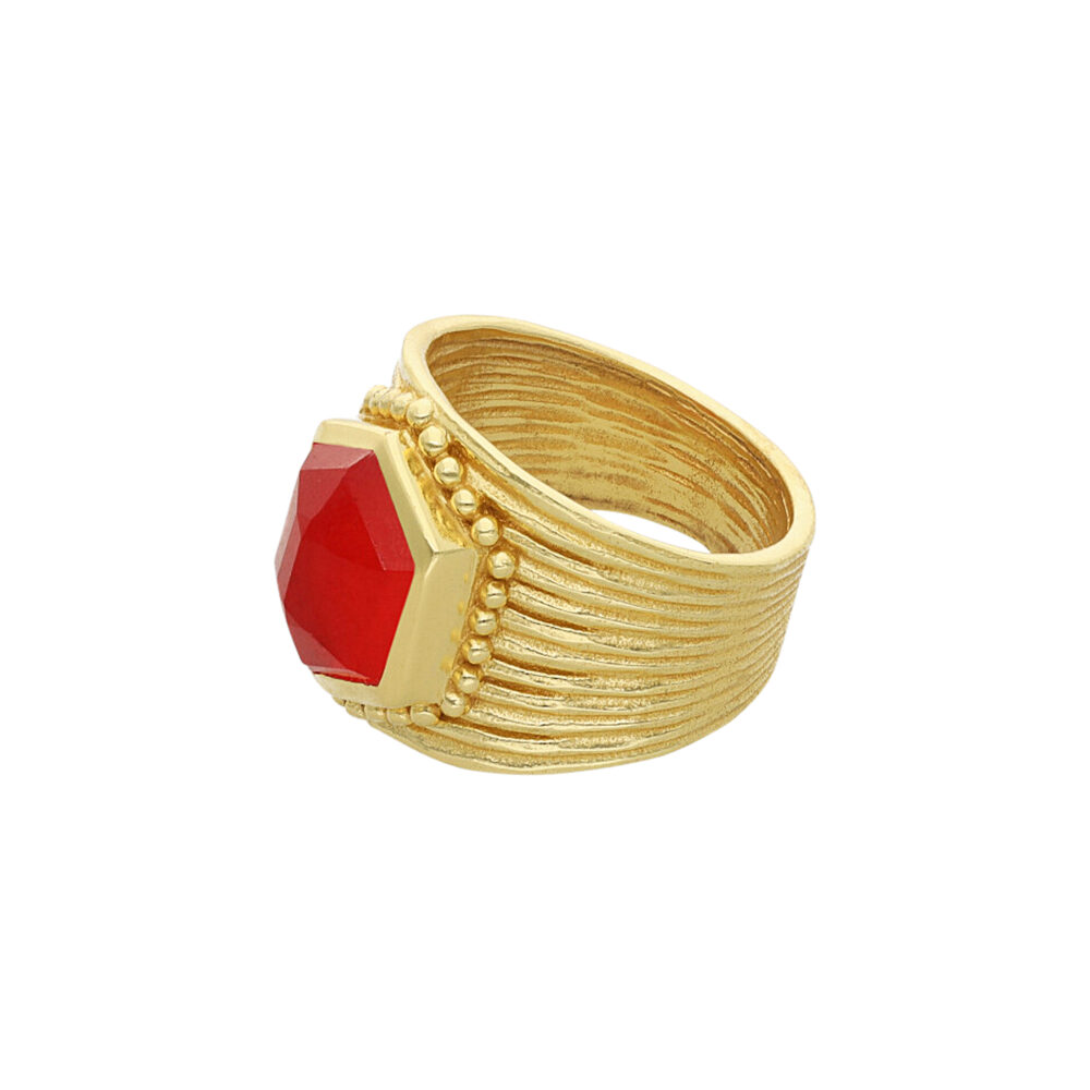Alternative view of Bague argent doré antique pierre naturelle jade rouge