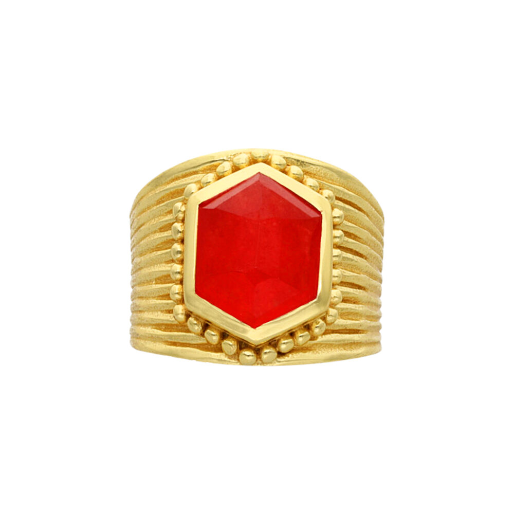 Bague argent doré antique pierre naturelle jade rouge