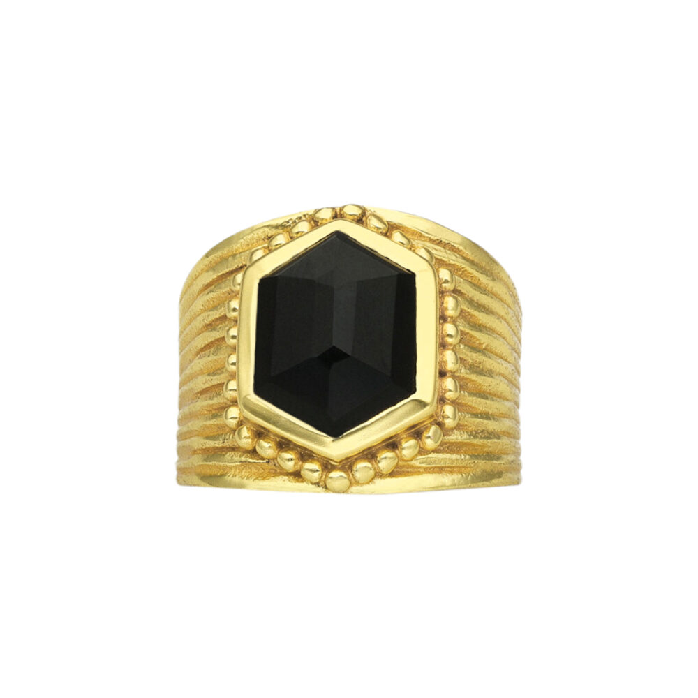 Bague argent doré antique pierre naturelle onyx noire
