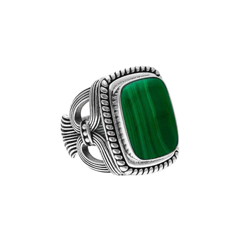 Alternative view of Bague argent homme temple pierre malachite