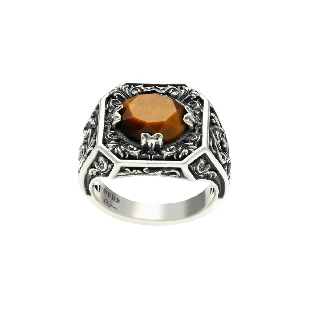 Bague argent homme trône du roi pierre œil de tigre