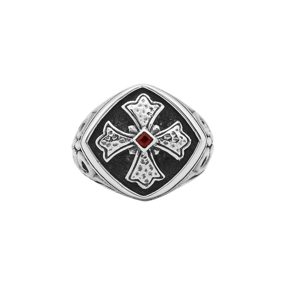 Bague chevalière homme argent croix de malte et grenat