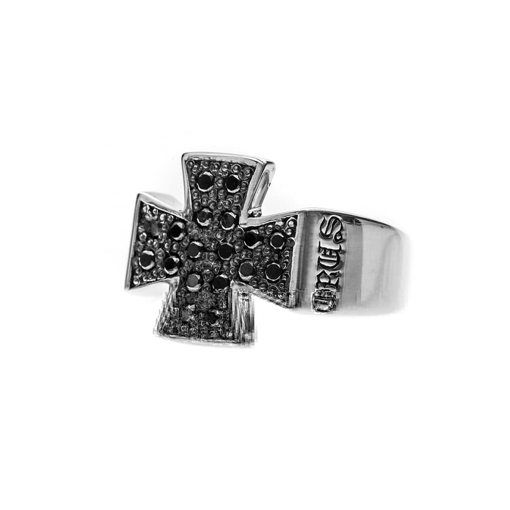 Alternative view of Bague argent homme croix pavée noire