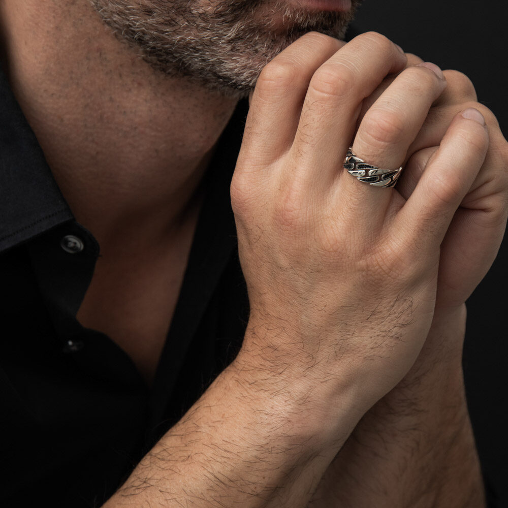 Alternative view of Bague homme argent chaine moderne sertie zirconium noir