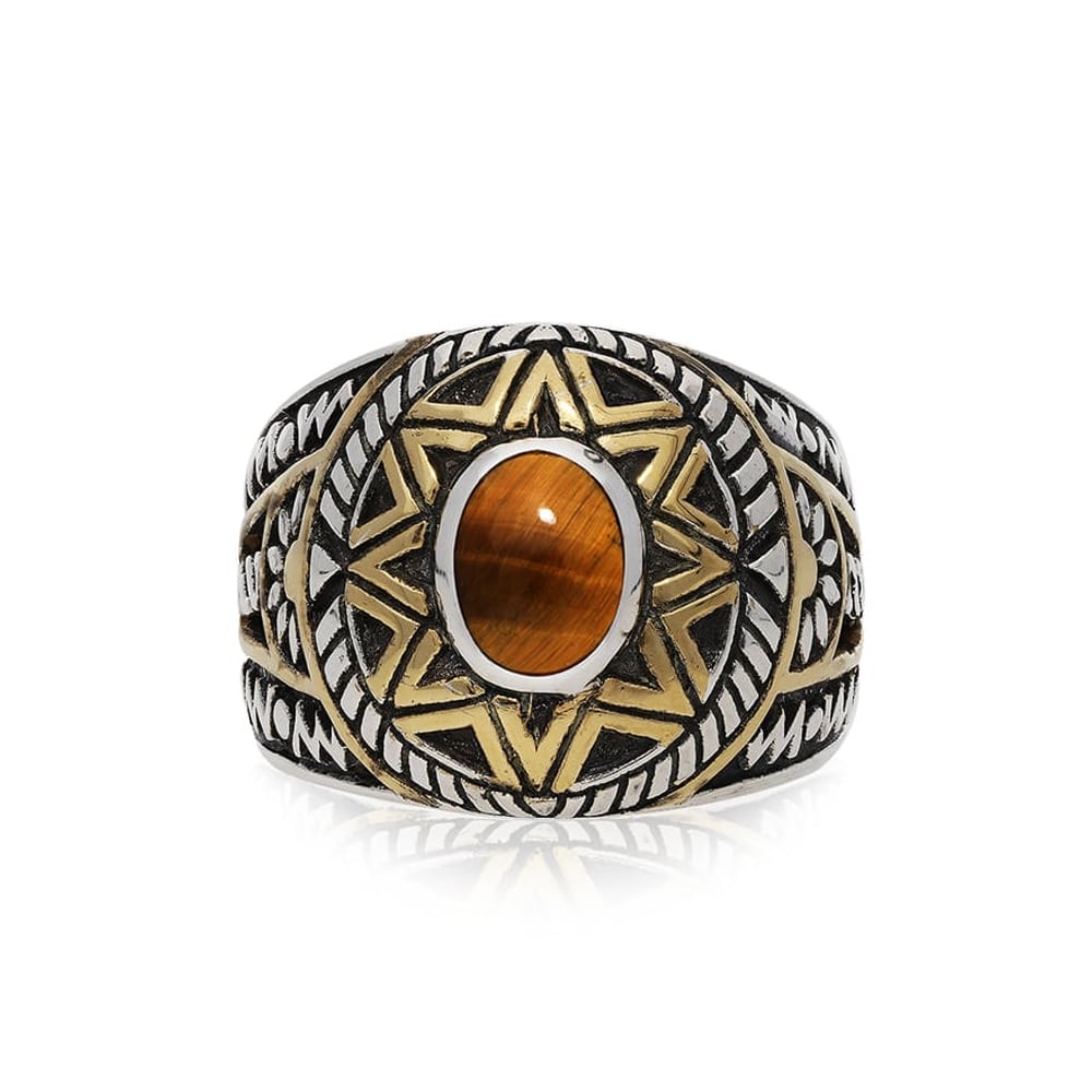 Bague homme argent soleil ethnique oeil de tigre argent doré