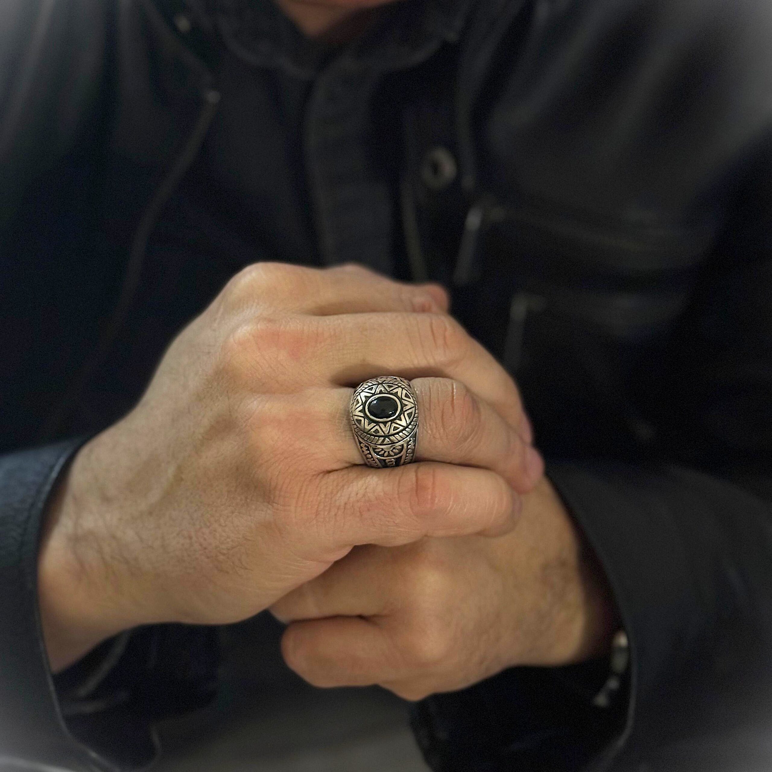 Bague homme argent soleil ethnique onyx – Image 2