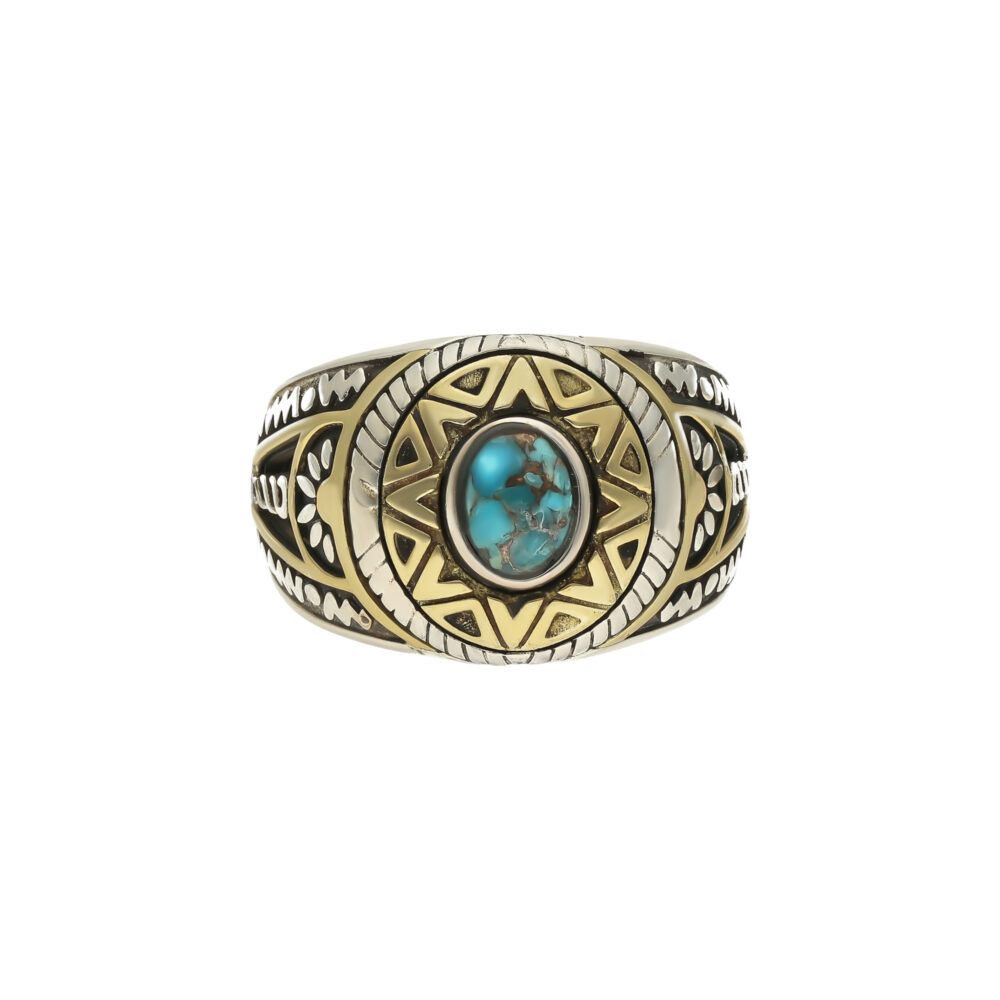 Bague homme argent doré soleil ethnique turquoise