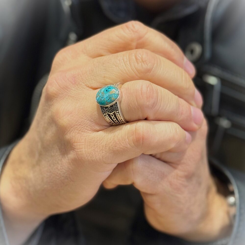 Alternative view of Bague homme ethnique turquoise argent