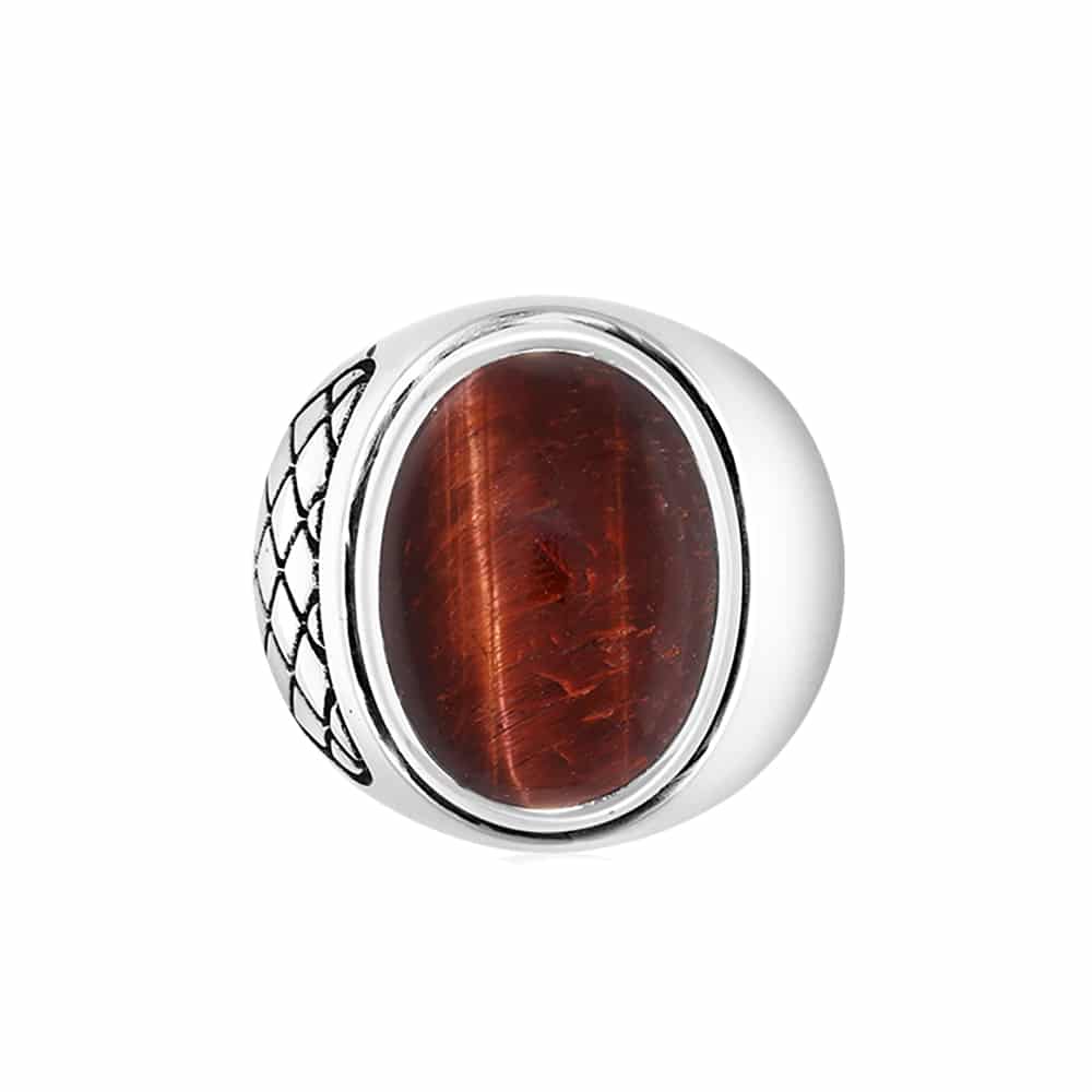 Bague homme œil de tigre rouge asymétrique argent
