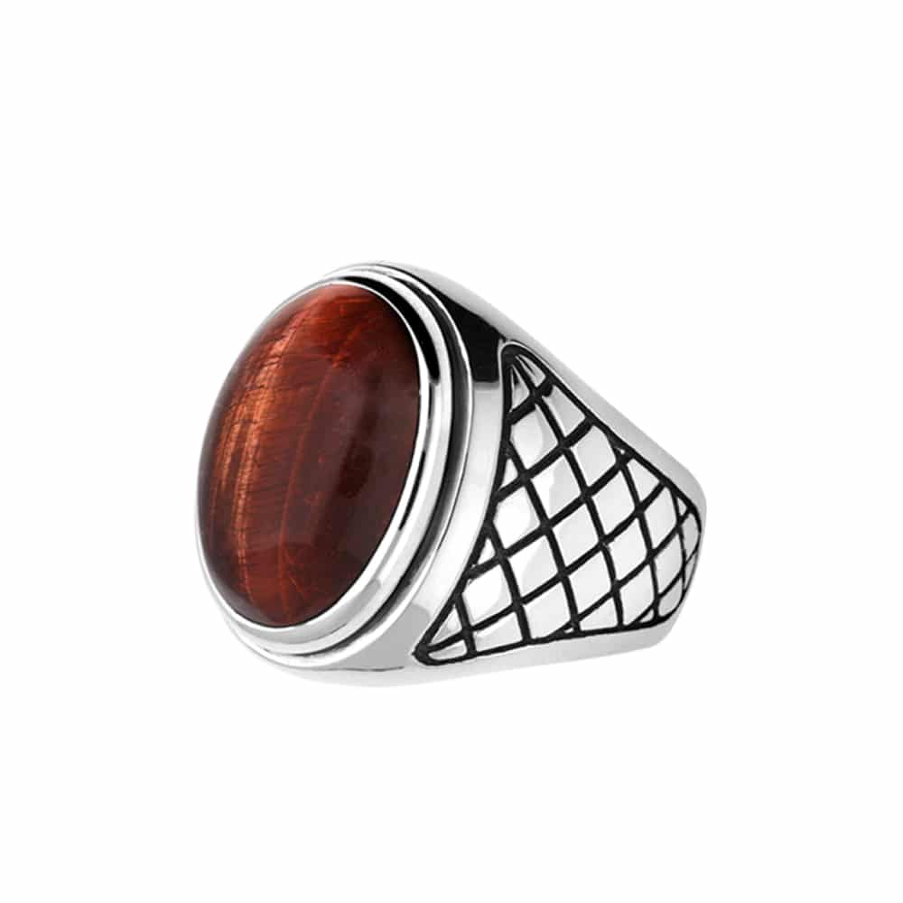 Alternative view of Bague homme œil de tigre rouge asymétrique argent