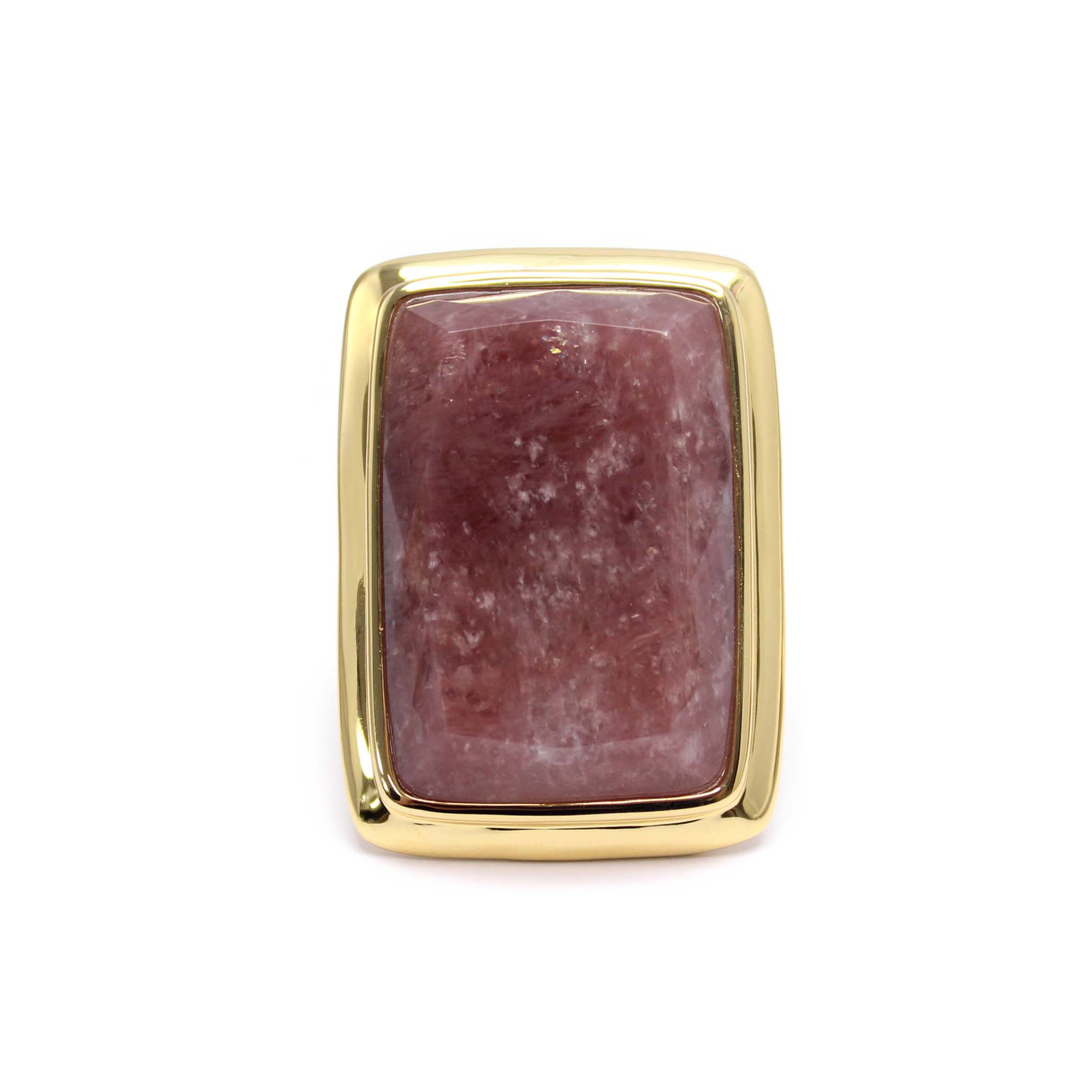 Bague à volume rectangle en argent doré et pierre naturelle quartz fraise