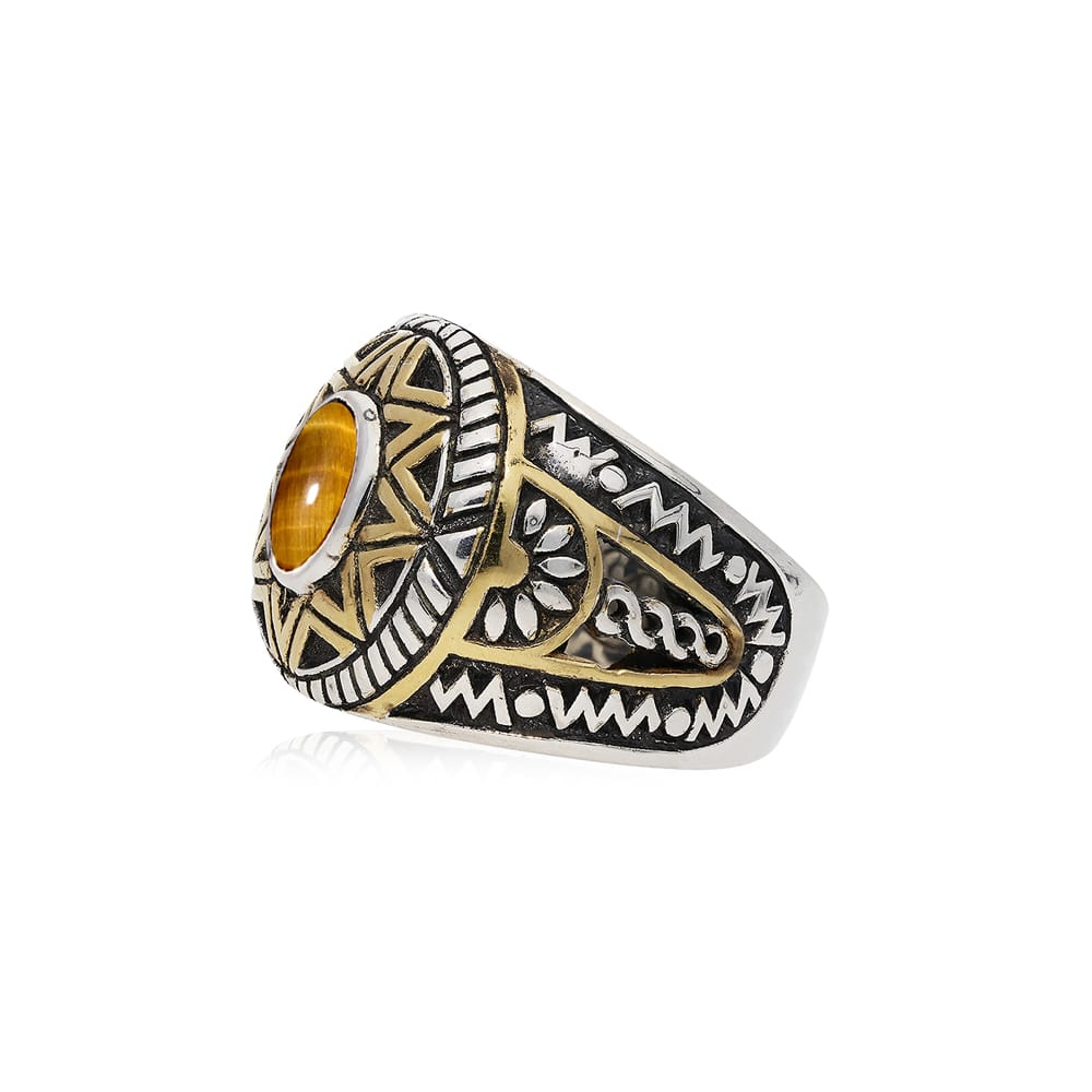Alternative view of Bague homme argent soleil ethnique œil de tigre argent doré