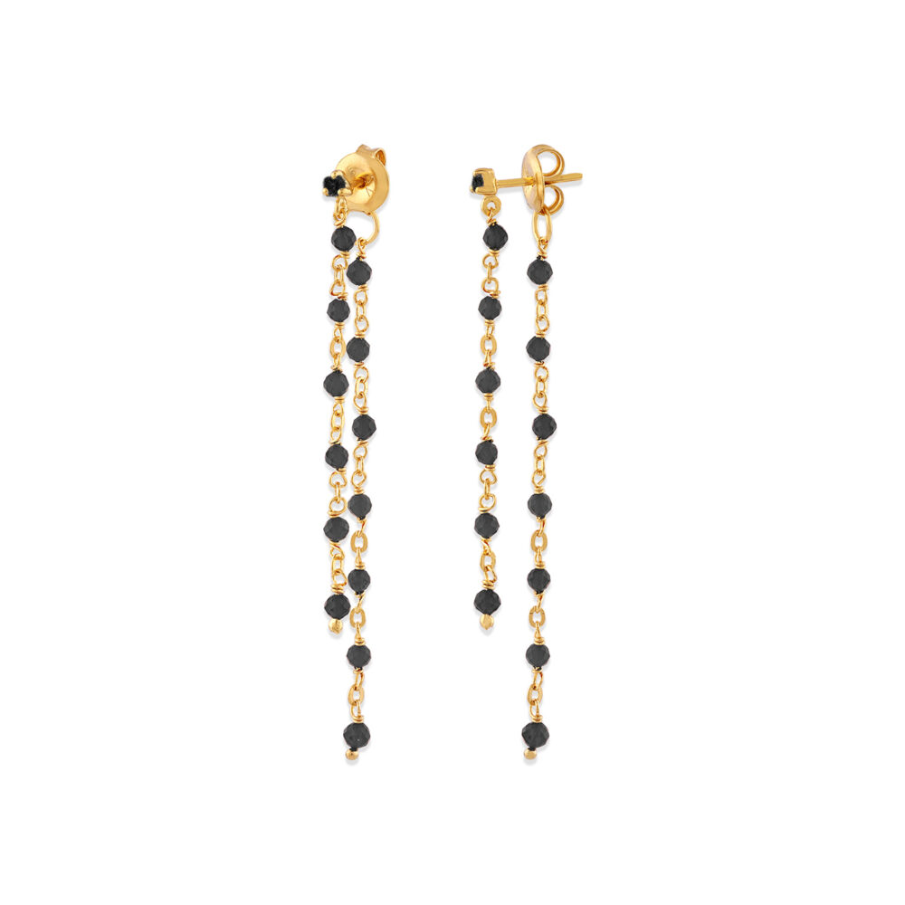 Boucles d oreilles argent doré double chaine longue et pierres naturelles noir