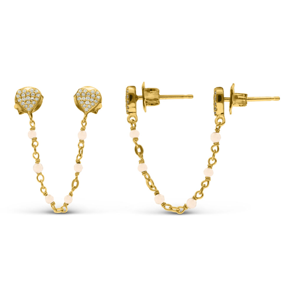 Boucles d'oreilles argent doré doubles reliées cœur opale rose