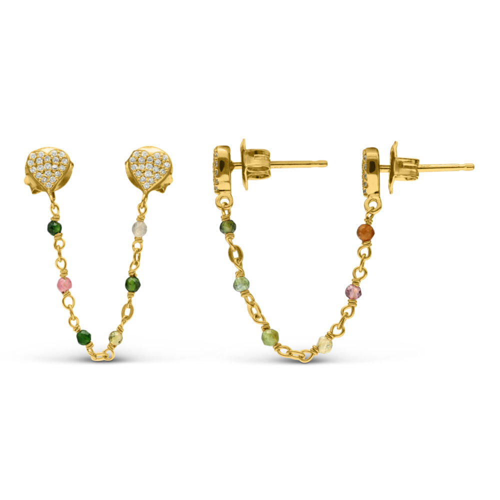 Boucles d'oreilles argent doré doubles reliées cœur multi-tourmaline