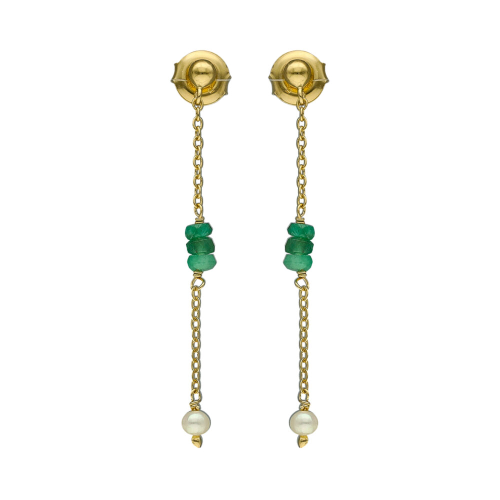 Boucles d oreilles argent doré pierres précieuses émeraude véritable et perle naturelle blanche