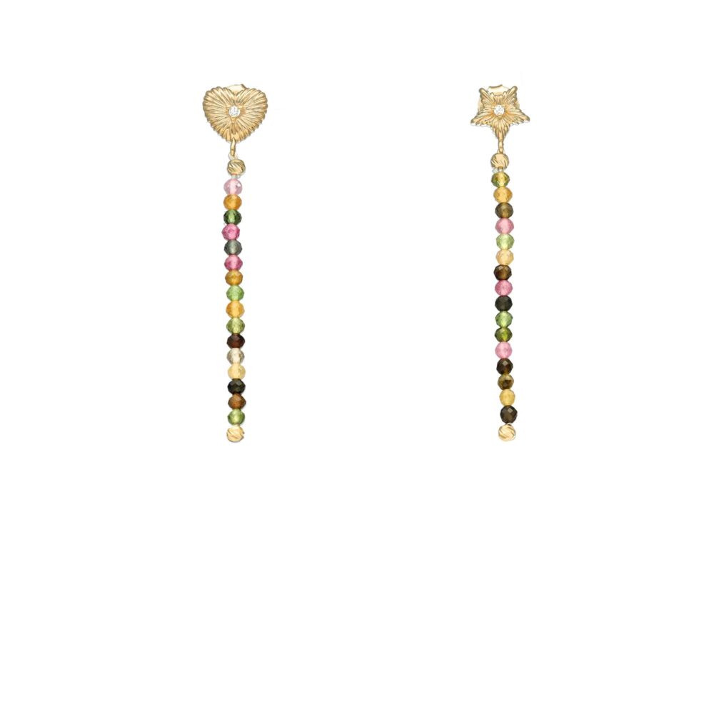Boucles d'oreilles argent doré pendantes cœur et étoile multi-tourmaline