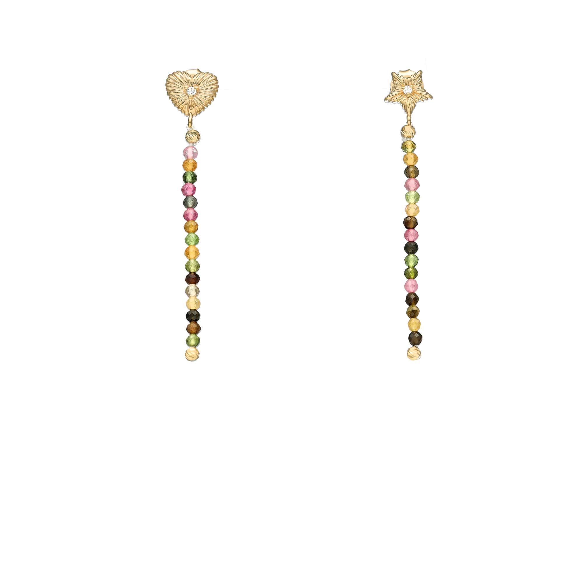 Boucles d'oreilles argent doré pendantes cœur et étoile multi-tourmaline