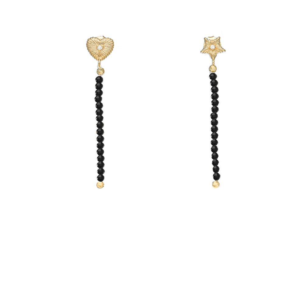 Boucles d'oreilles argent doré pendantes cœur et étoile pierre Spinelle noire