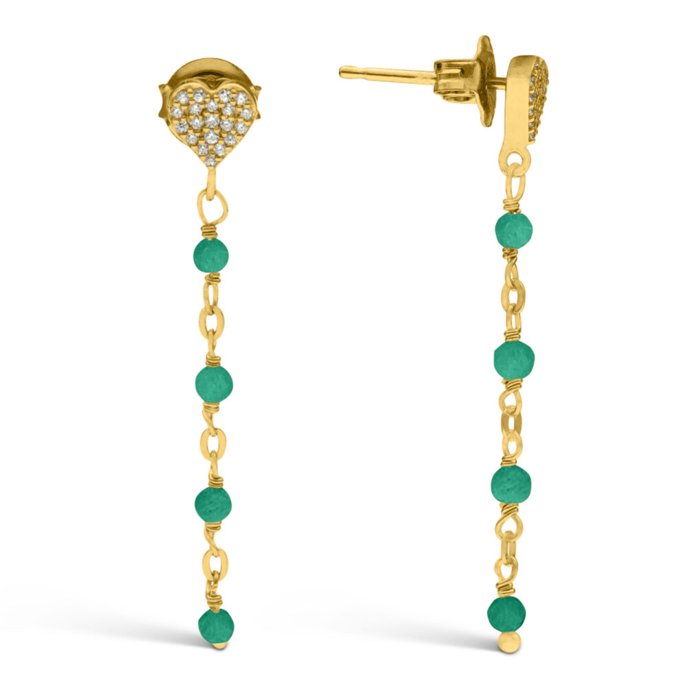Boucles d'oreilles argent doré pendantes cœur pierre onyx vert