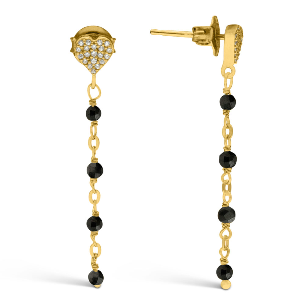 Boucles d'oreilles argent dorée pendantes cœur pierre spinelle noire