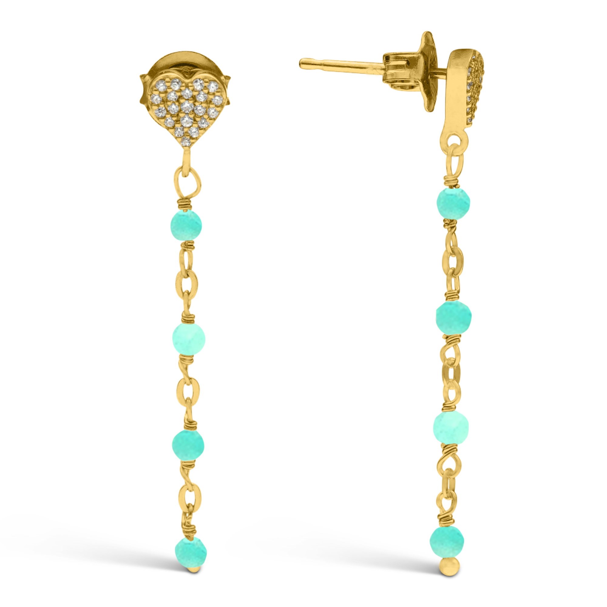 Boucles d'oreilles argent doré pendantes cœur pierres amazonite