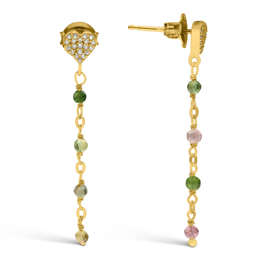 Boucles d'oreilles argent doré pendantes cœur pierres multi-tourmaline