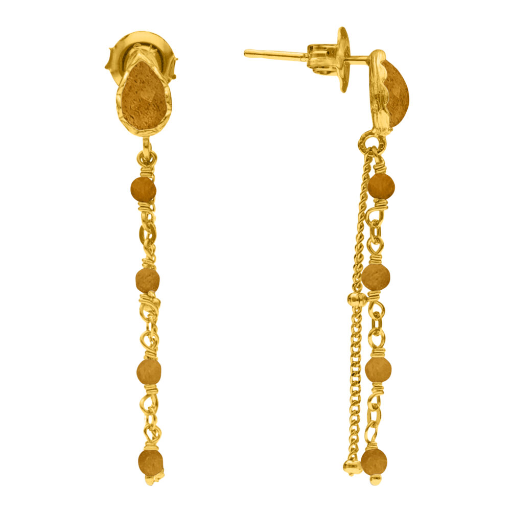 Boucles d'oreilles argent doré pendantes gouttes et pierres œil de tigre