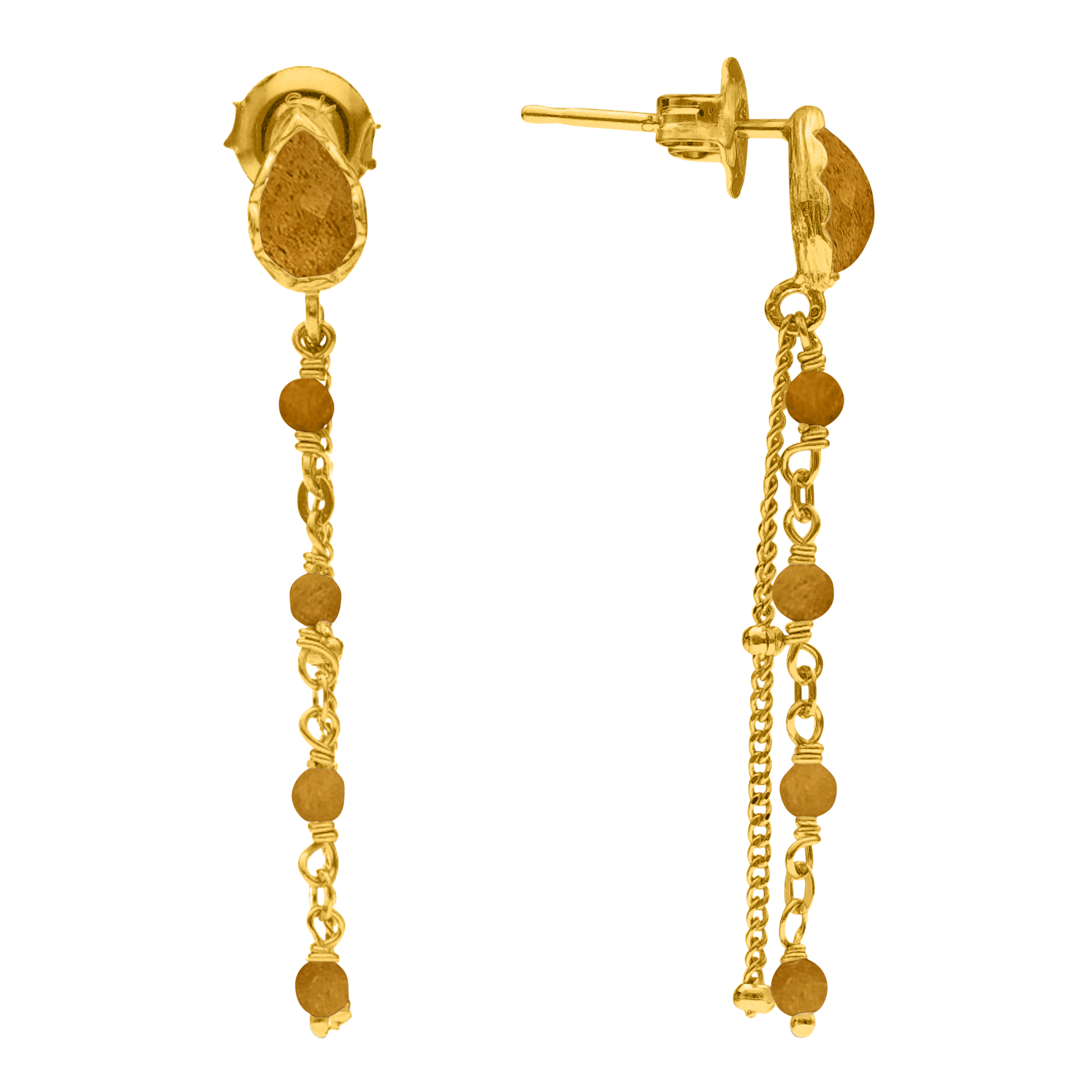 Boucles d'oreilles argent doré pendantes gouttes et pierres œil de tigre