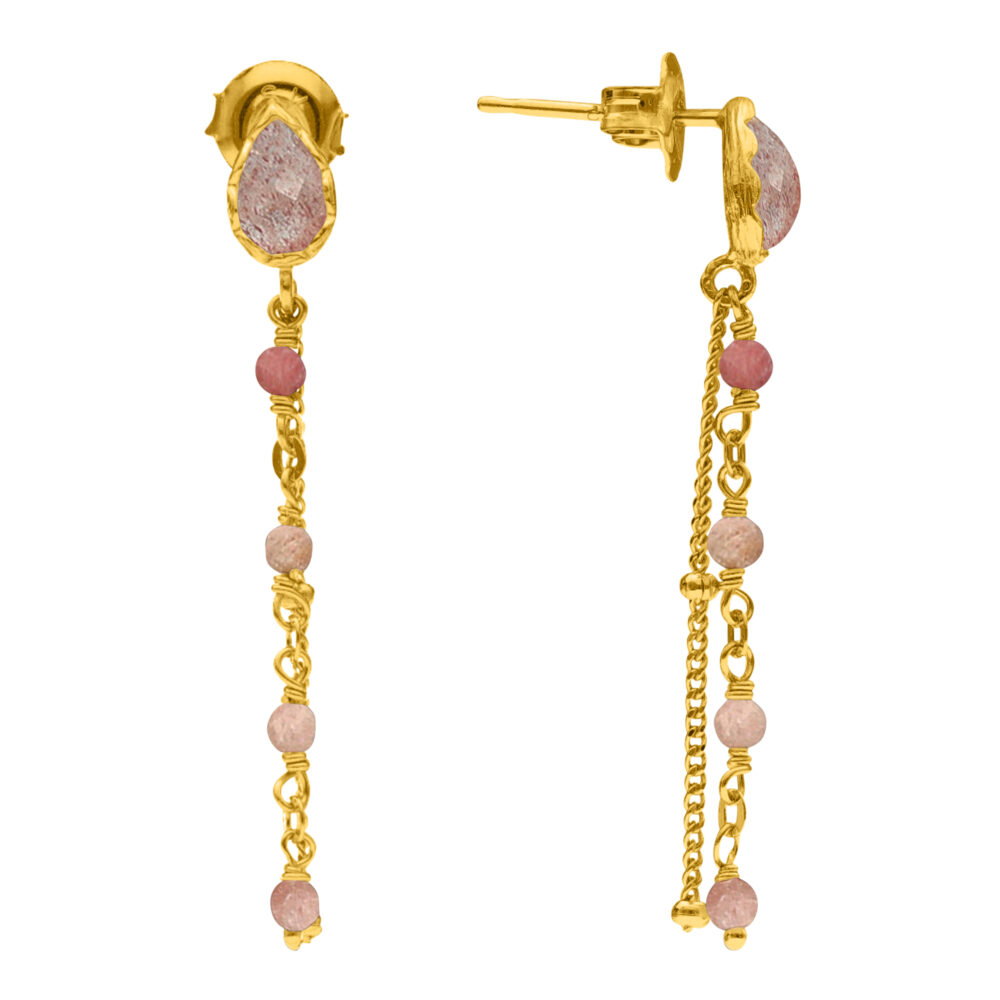 Boucles d'oreilles argent doré pendantes gouttes et pierres quartz rose fraise