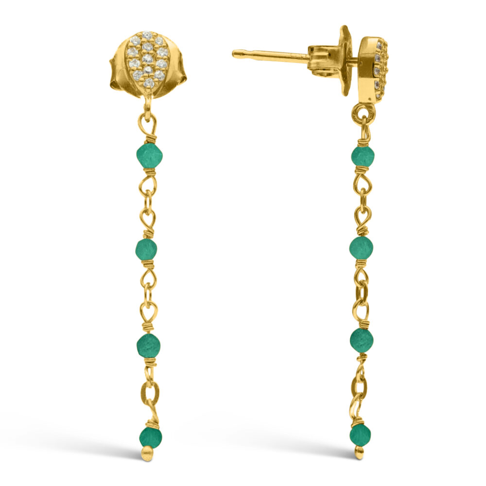 Boucles d'oreilles argent doré pendantes gouttes pierre onyx vert