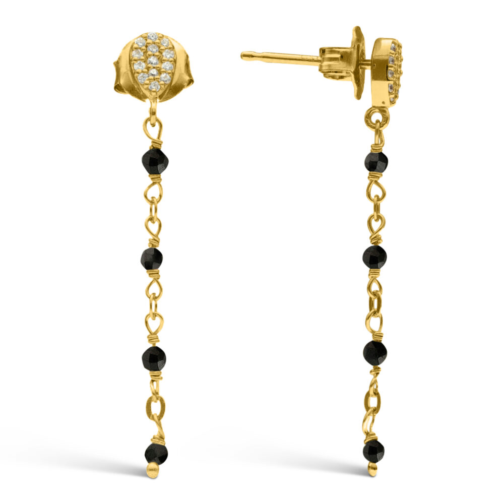 Boucles d'oreilles argent doré pendantes goutte pierre spinelle noire