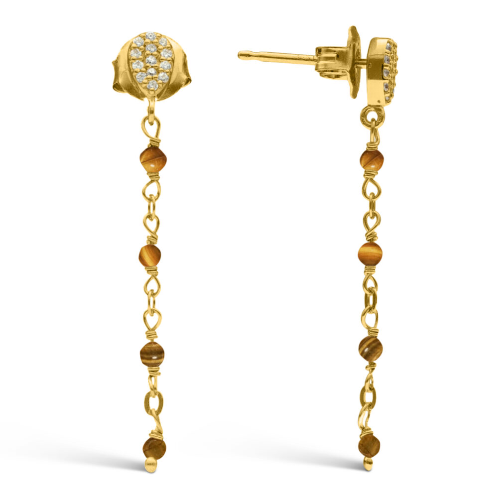 Boucles d'oreilles argent doré pendantes gouttes pierres œil de tigre