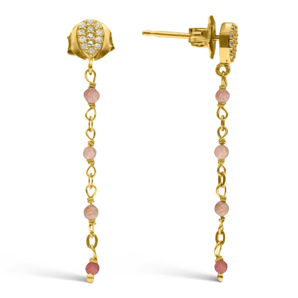 Boucles d'oreilles argent doré pendantes gouttes pierres quartz rose fraise