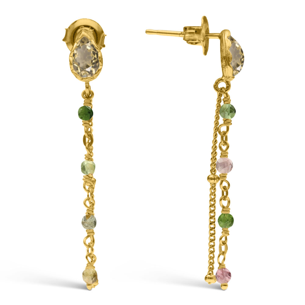Boucles d'oreilles argent doré pendantes gouttes smoky quartz pierres multi-tourmaline