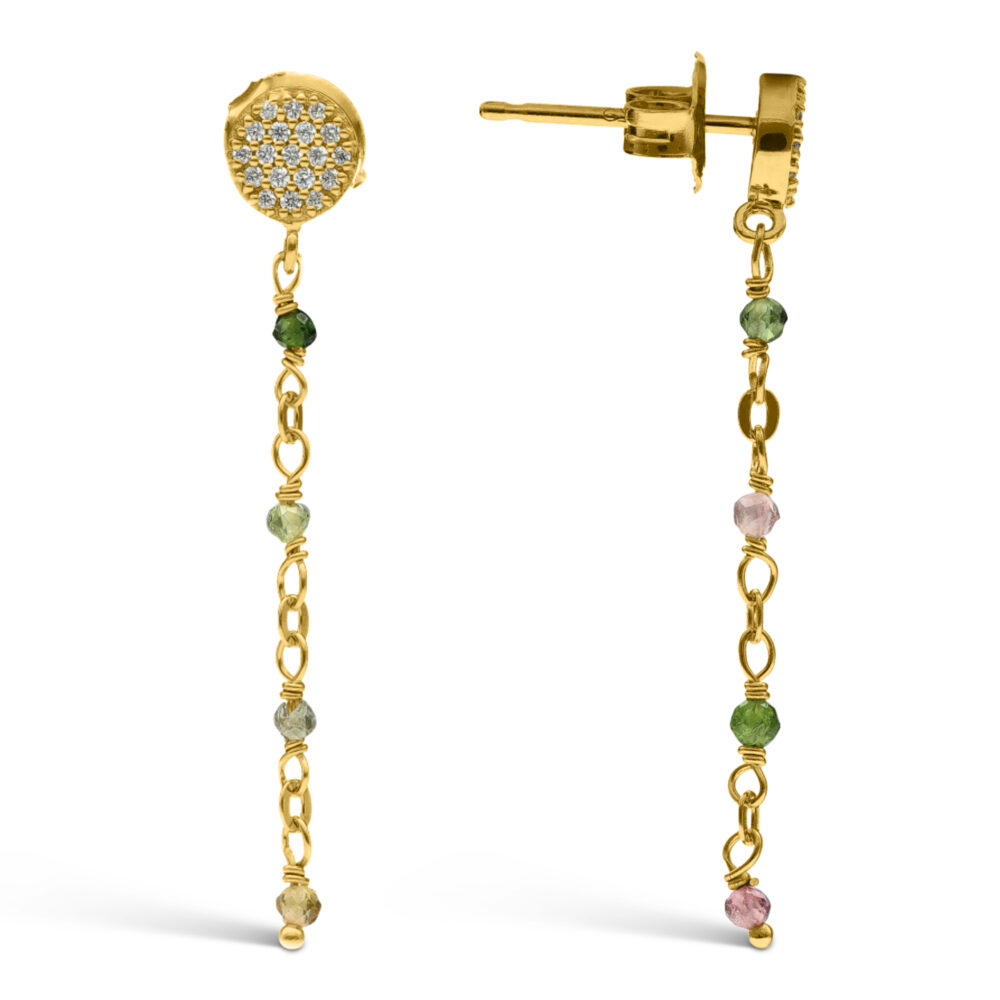 Boucles d'oreilles argent doré pendantes rondes pierres multi-tourmaline