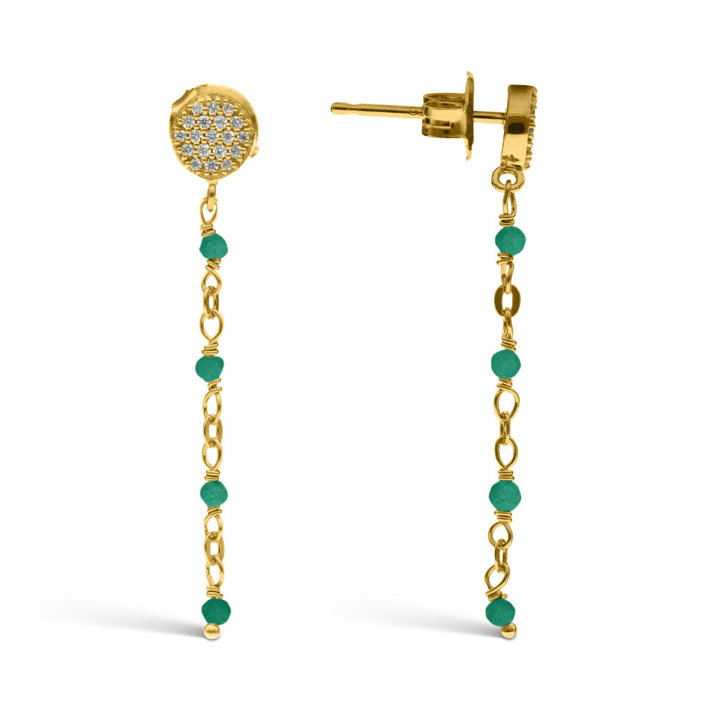 Boucles d'oreilles argent doré pendantes rondes pierre onyx vert