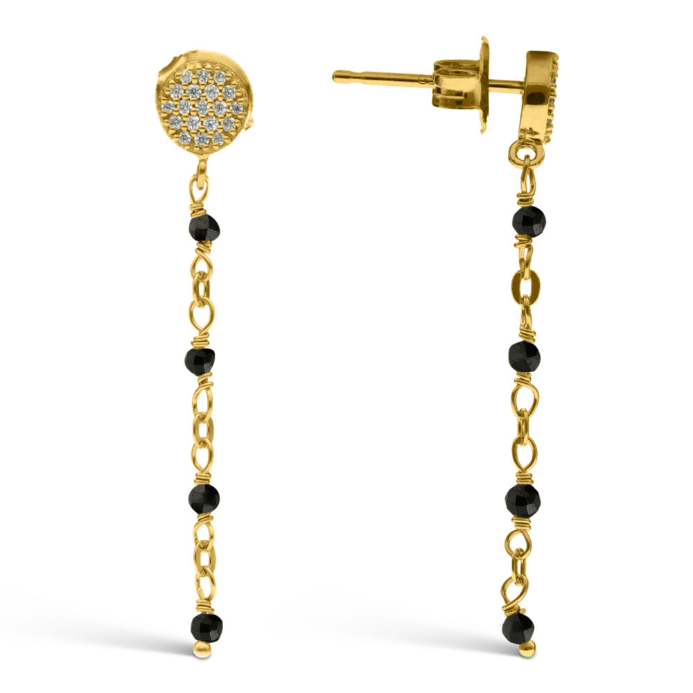 Boucles d'oreilles argent doré pendantes rondes pierres spinelles noires