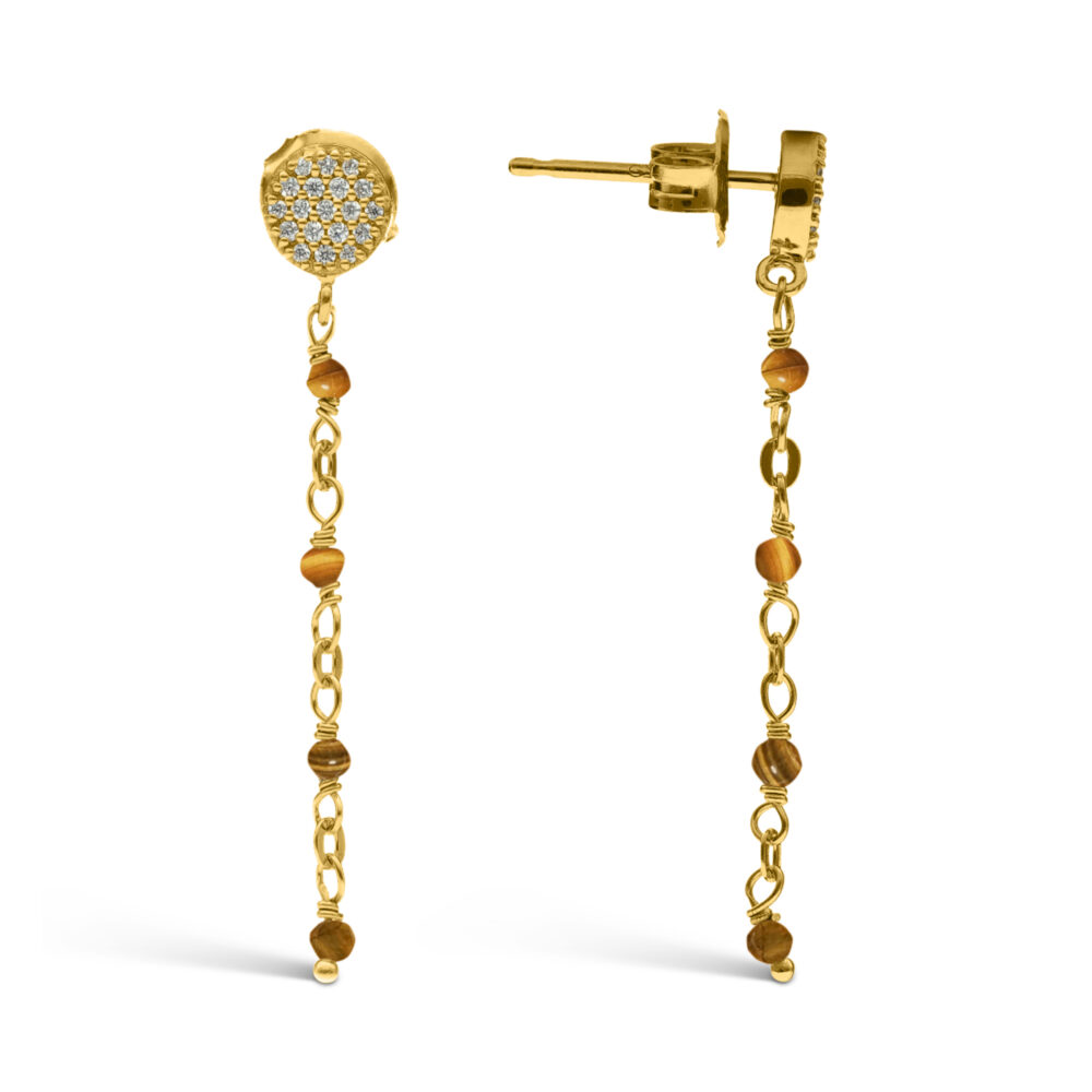 Boucles d'oreilles argent doré pendantes rondes pierres œil de tigre