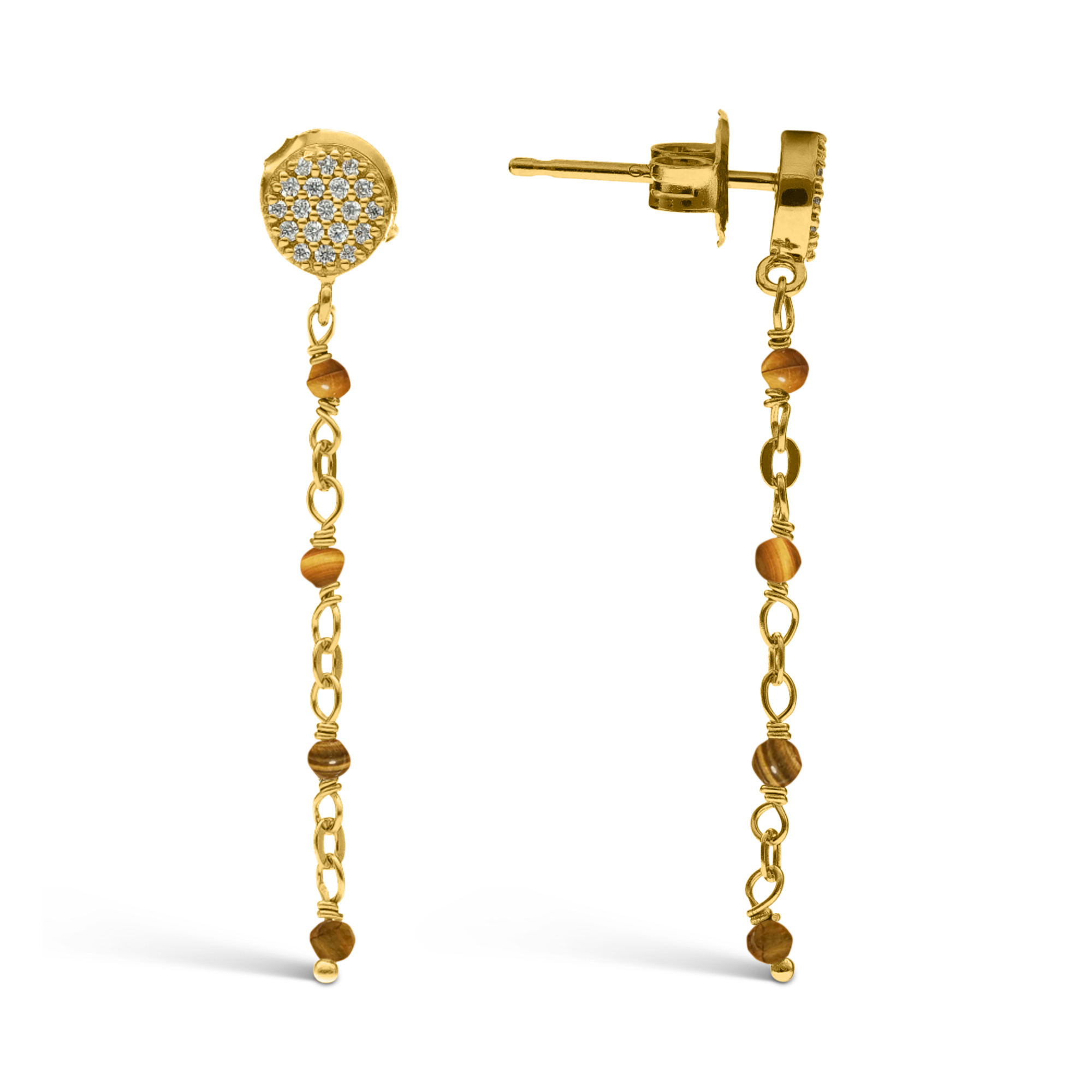 Boucles d'oreilles argent doré pendantes rondes pierres œil de tigre