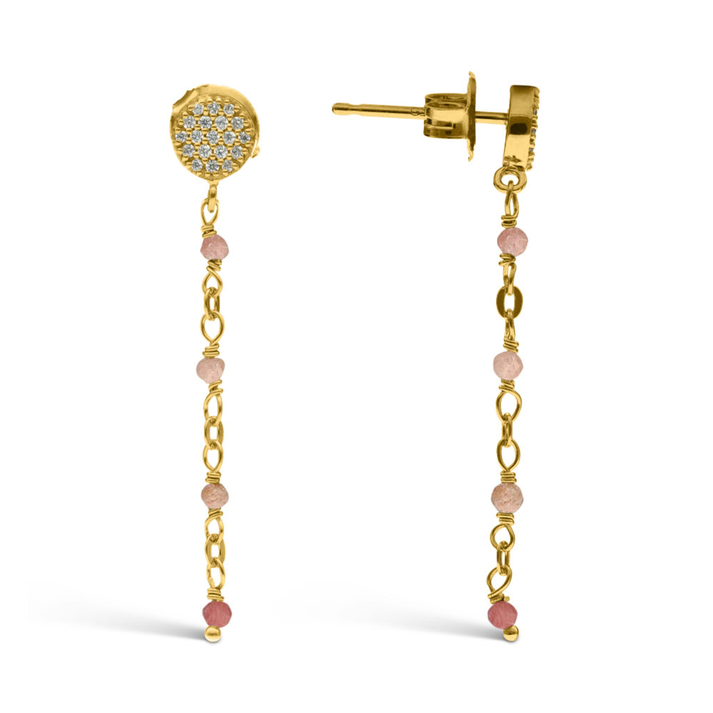 Boucles d'oreilles argent doré pendantes rondes pierres quartz rose fraise