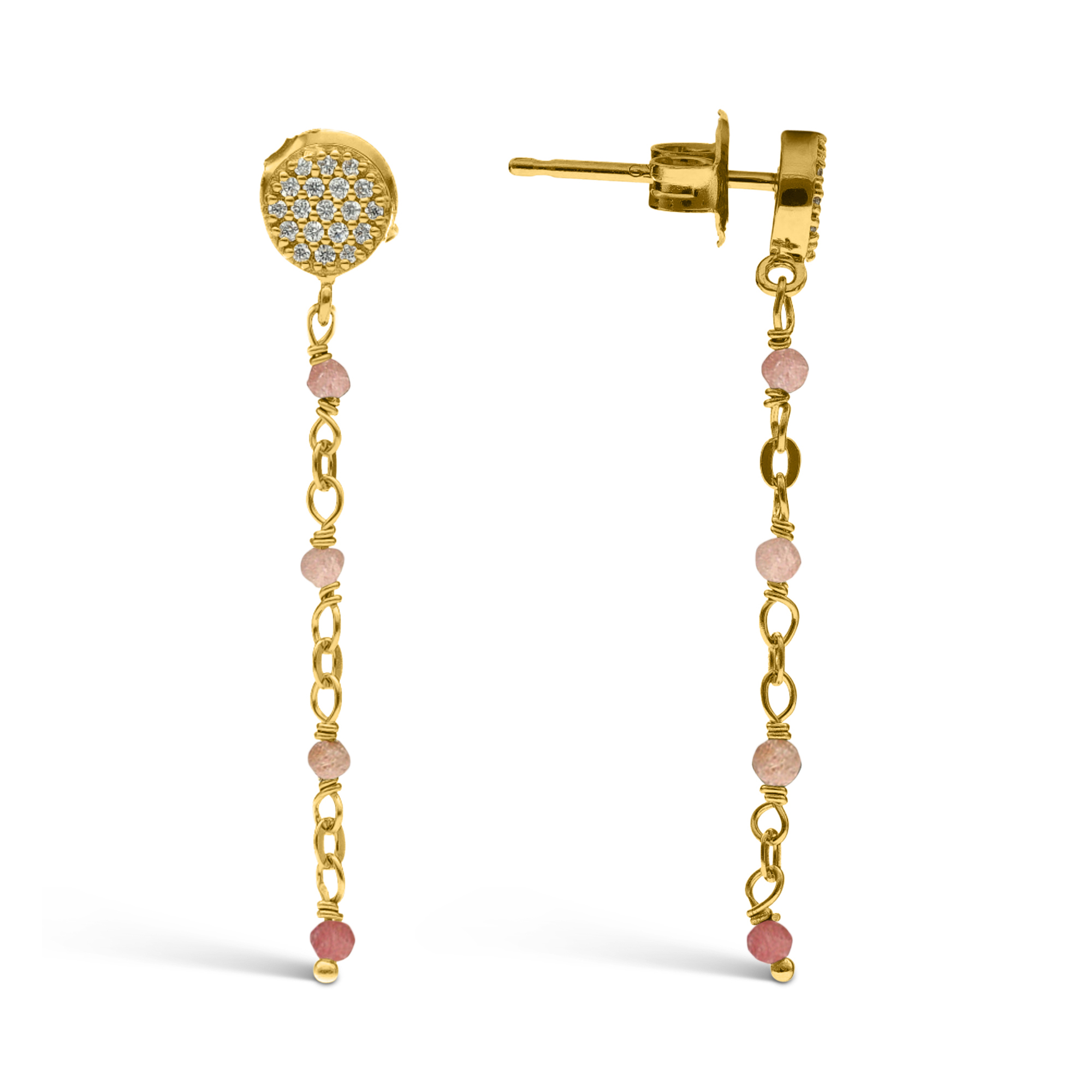 Boucles d'oreilles argent doré pendantes rondes pierres quartz rose fraise