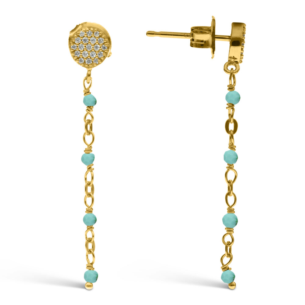 Boucles d'oreilles argent doré pendantes rondes pierres turquoise