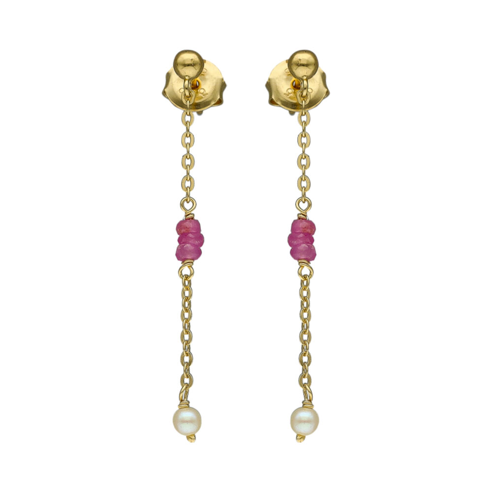 Boucles d oreilles argent doré pierres précieuses rubis véritable et perle naturelle blanche