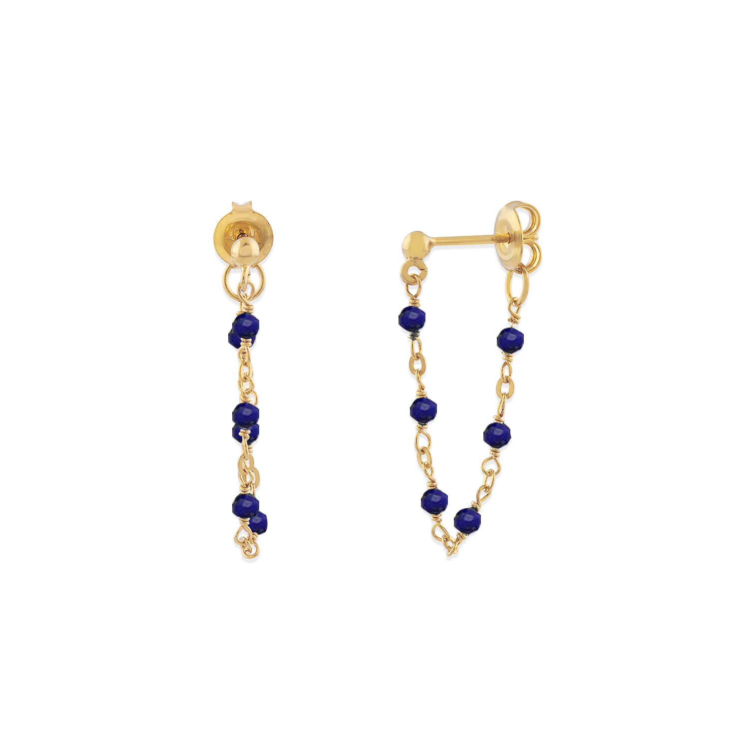 Boucles d'oreilles argent dorée chaine et pierres naturelles lapis