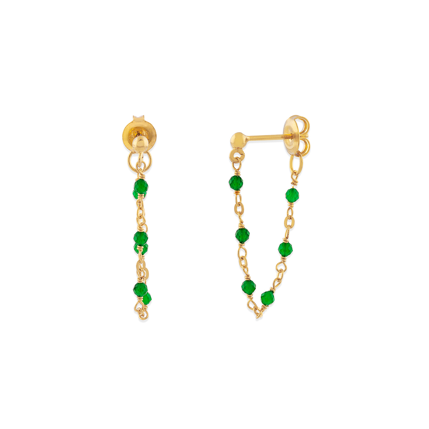 Boucles d'oreilles argent dorée chaine et pierres naturelles onyx vert